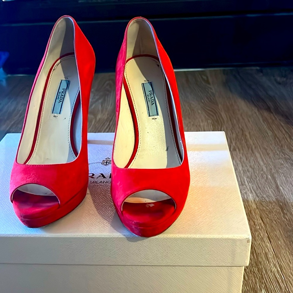 Ladies Prada, red suede platform, 4 inch heels